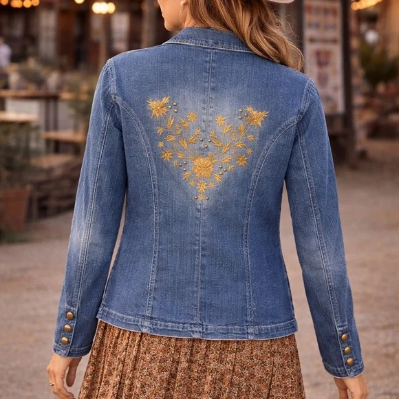 Vintage Embroidered Floral Blue Denim Jacket with Gold Accents - Picture 1 of 3